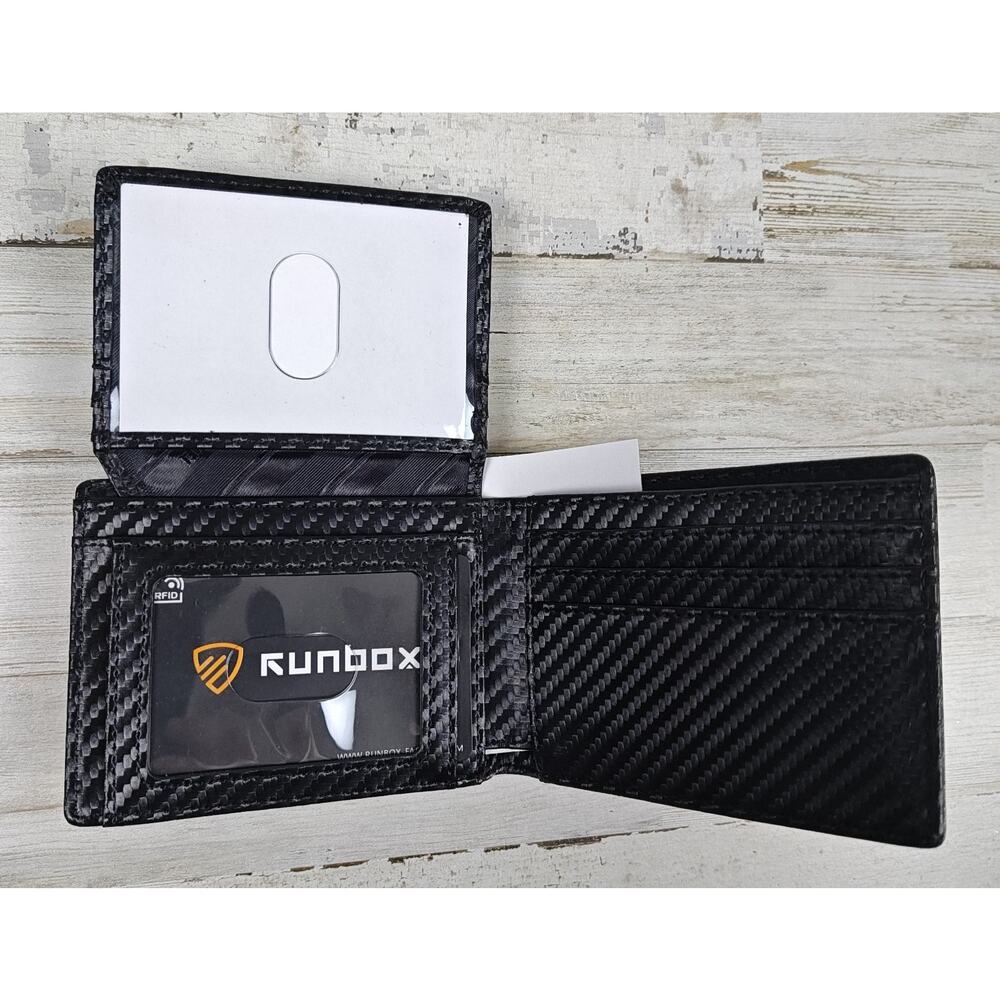 RUNBOX RFID Blocking Men's Wallet Blk Carbon Fiber Texture Bifold Slim ID Window
